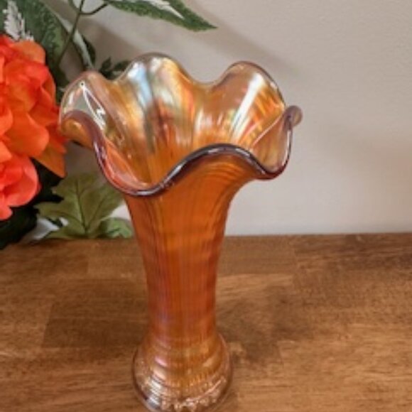 Imperial Glass Ripple Swung Vase Marigold Carnival Vintage MCM Iridescent Fluted - Picture 3 of 4